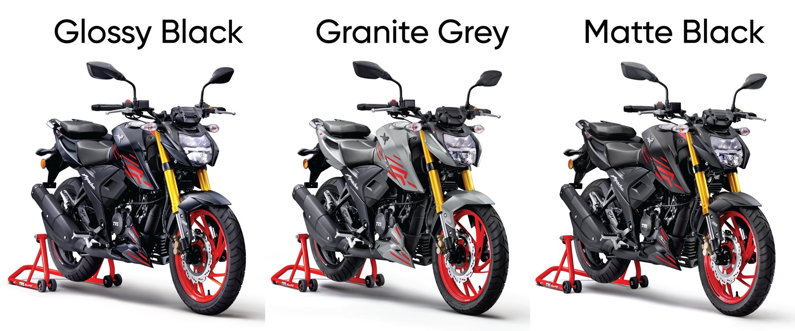 2025 TVS Apache RTR 200 4V new colour options - Glossy Black, Matte Black, and Granite Grey