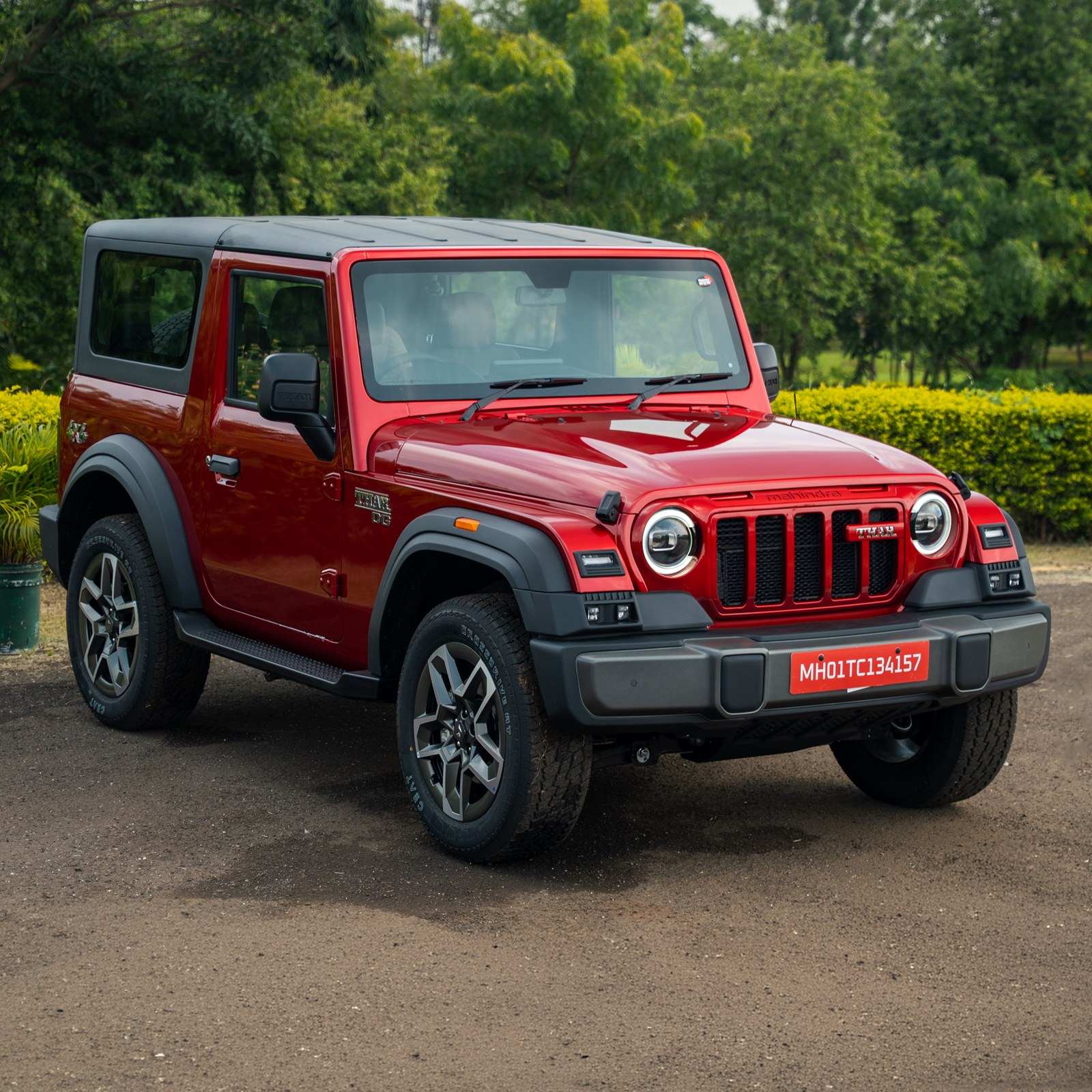 Mahindra Thar OG front left three quarter RED